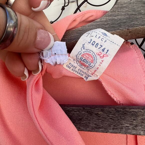 Vintage 60s Peach Coral Polyester A Line Long Sleeve Maxi Dress - Picture 8 of 9